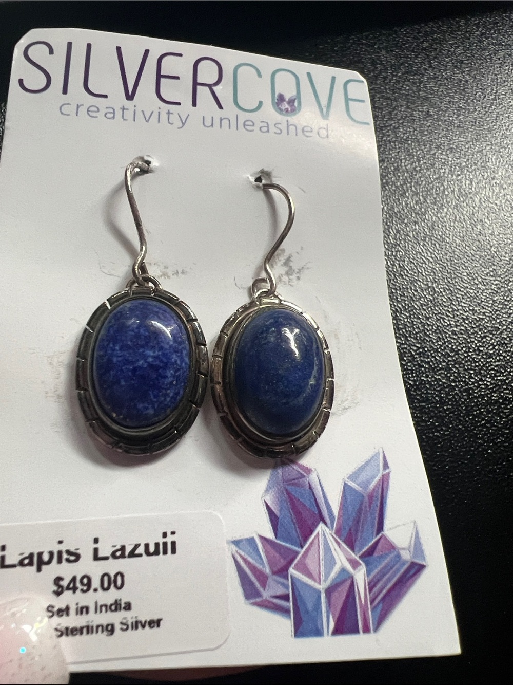 Silver Deep Blue Lapis Oval Drop Earrings